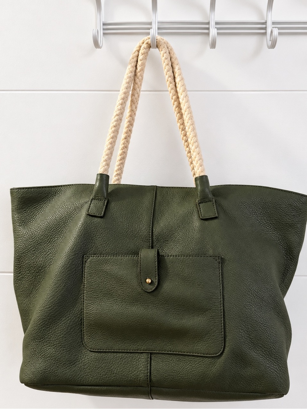 Talbots Olive Green Pebbled Leather Tote Bag Braided Rope Handles Large Shoulder